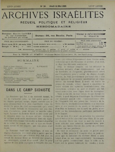 Archives israélites de France. vol.66 N°20 (18 mai 1905)